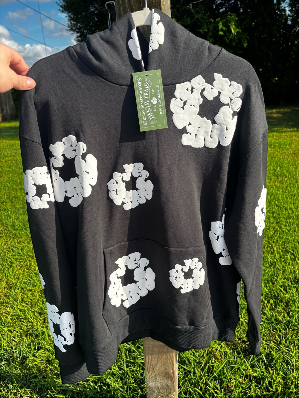 Black Denim Tear Hoodie with White Floral Ring Print